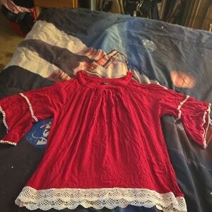 Boho Red Crochet-Trim Peasant Blouse